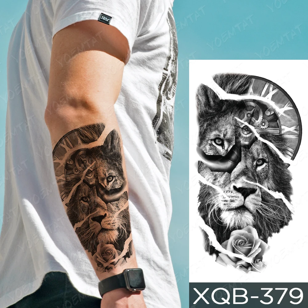 Lion Gear Waterproof Temporary Tattoo Sticker Crown Wolf Tiger Clock Rose Flower Body Art Arm Fake Tattoos Sleeve Women Men