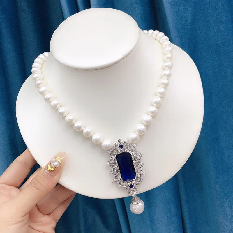 

Luxury Natural 10-11mm White Round Baroque Freshwater Pearl Choker Necklace Blue Cubic Zircon Pendant Jewelry for Women