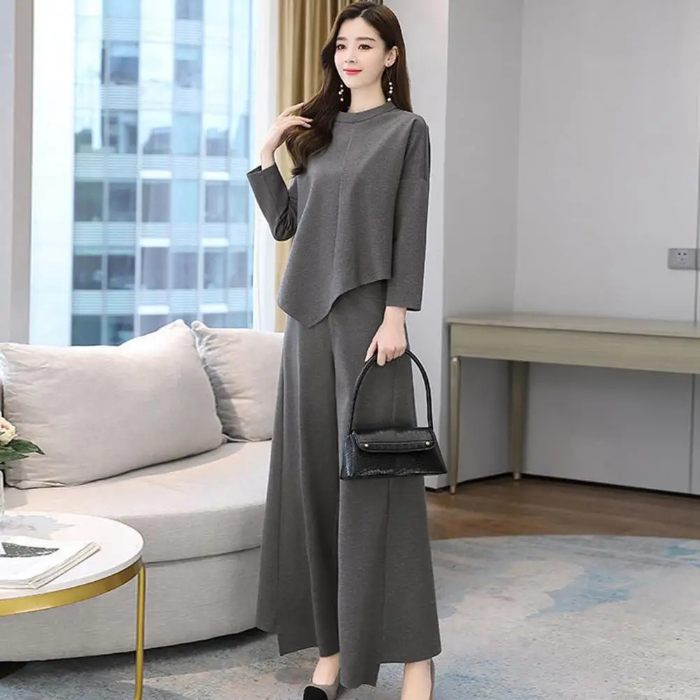 

Elegant Long-sleeved Suit Plus Size Commute Top Trousers Set With Irregular Hem Blouse Wide Leg Culottes 2 Pcs/set For Women