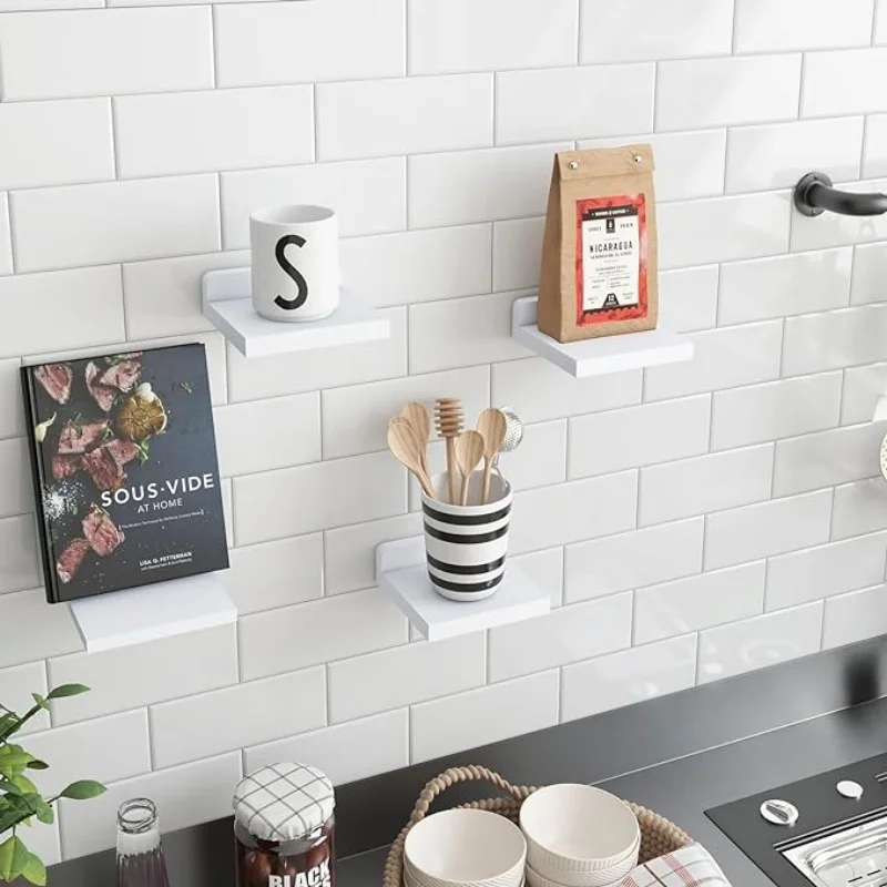 4/2 Pcs White Floating Shelves for Wall Rustic Wood Small Wall Mounted Shelves for Bedroom, Living Room, Kitchen, Bathroom Decor 3