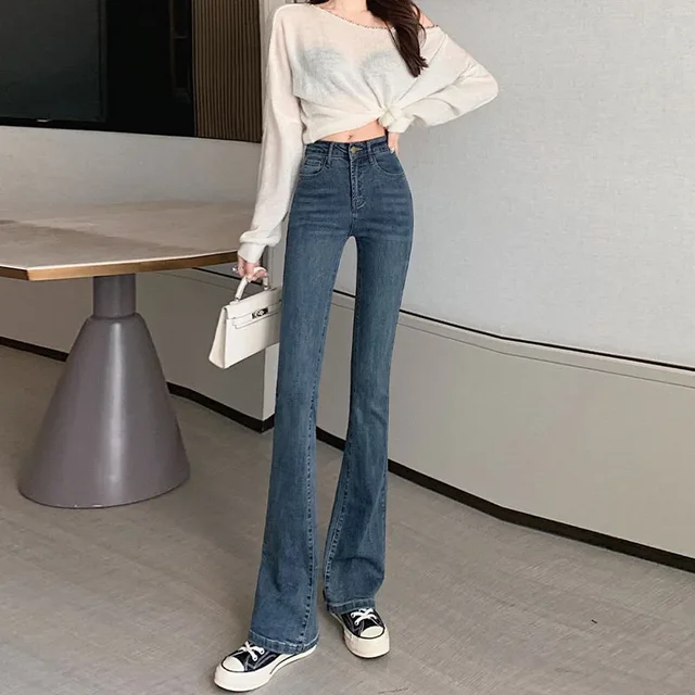 Jean amincissant en Denim à jambes droites pour femme, Petite, bleu, gris, haute élasticité, Micro évasé, façonnant, Silhouette lisse, automne/hiver 2