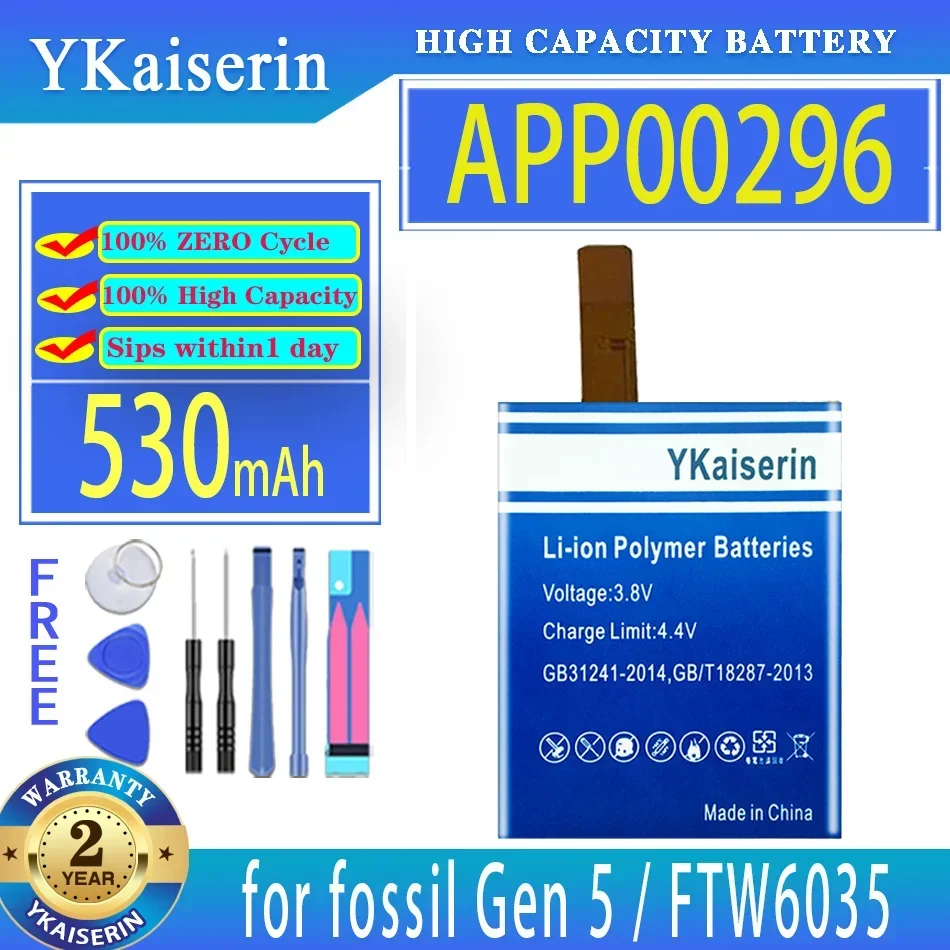 

YKaiserin Battery APP00296 530mAh for Fossil Gen 5 Gen5/for Julianna HR FTW6035 High Capacity Batterie Bateria Warranty 2 Years