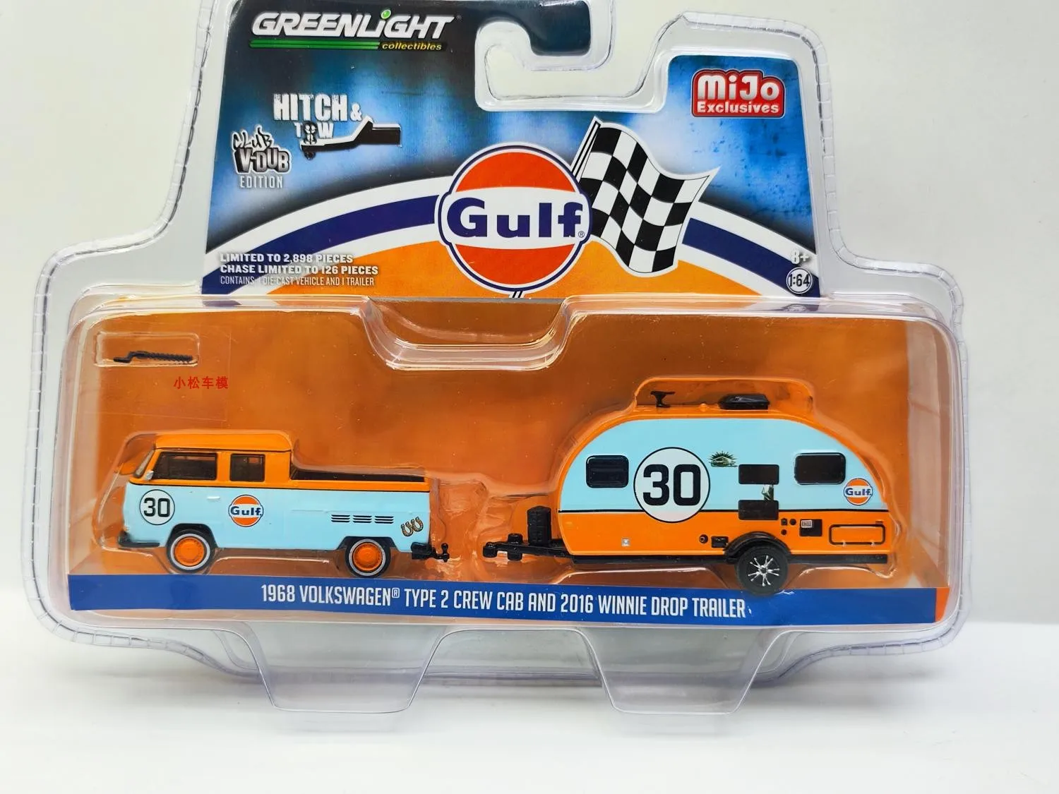 1:64 1968 Volkswagen T2 E 2016 Winnie Drop Trailer #30 Gulf Oil Gulf Collezione Di Modelli Di Auto