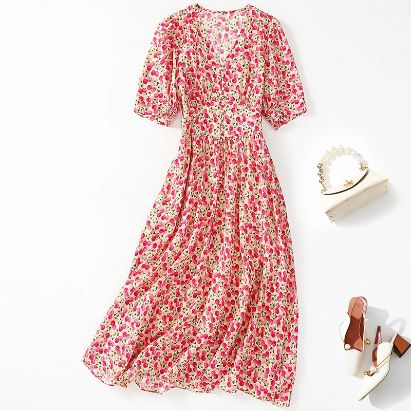 Eesswel Elegant Chic Dresses Women 2026 Summer V-neck Short Sleeve High  Waist 100% Real Silk Holiday Women's Print Long Dress