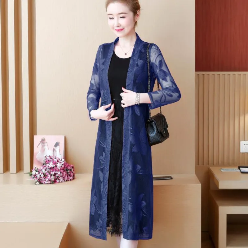 #5376 Black White Blue Pink Red Kimono Jacket Long Women Cardigan Coat Loose Vintage Transparent Coat Outerwear Thin Hollow Out