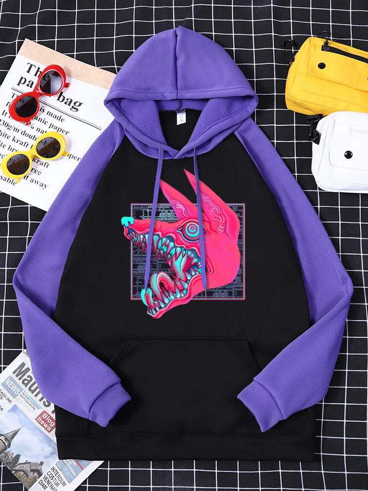 

Vaporwave Style Contrasting Color Canines Retro Printed Womens Hoody Oversized Pullover Street Hip Hop Tops Woman Raglan Hoodie