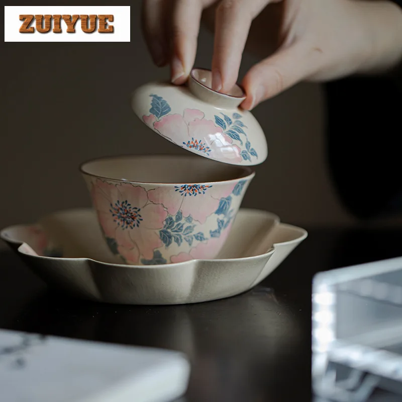 118ml Pure Hand-painted Peony Gaiwan Ancient Rough Pottery Powder Yin Tea Tureen Tea Maker Cover Bowl Chinese Set Decoration