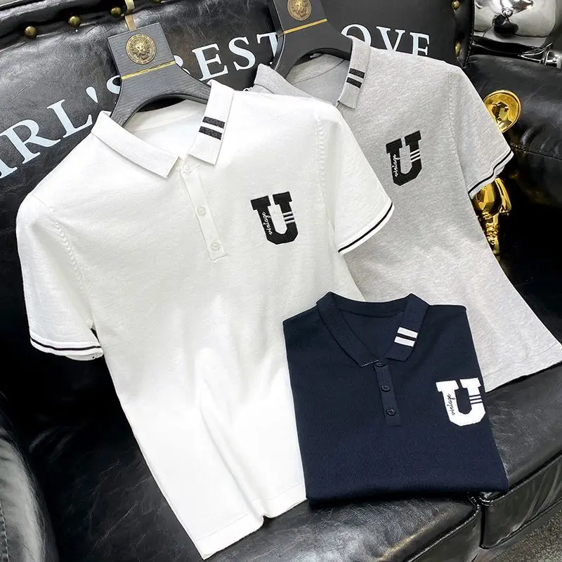 

Модная трикотажная рубашка-поло для мужчин, оригинальная модная Облегающая рубашка-поло в Корейском стиле с коротким рукавом и воротником в стиле Instagram