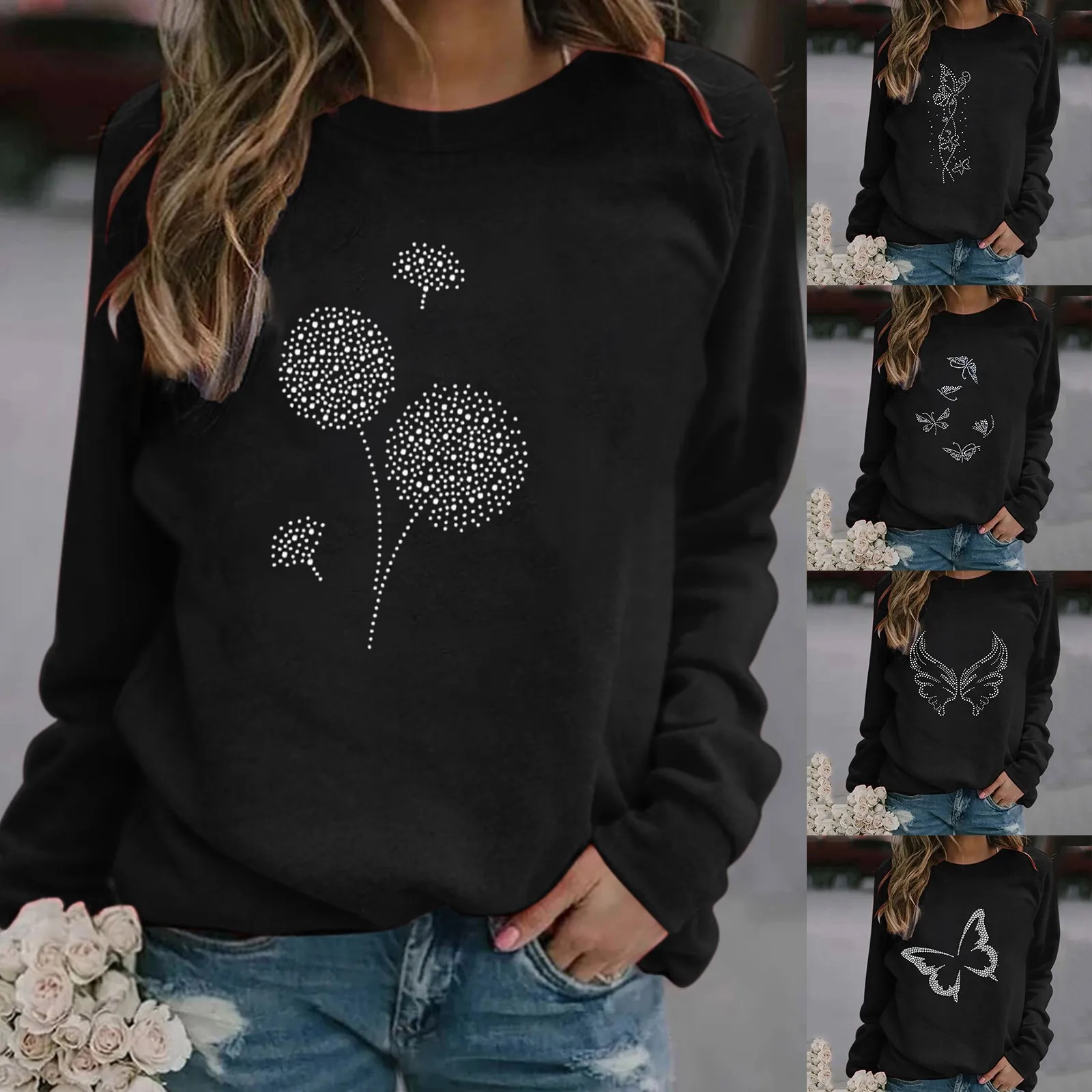 

New Years Eve Outfits Women Casual Women Hoodie Fix Rhinestone Round Neck Casual Fashion Raglan Long Sleeve Baggy Sweatshirt