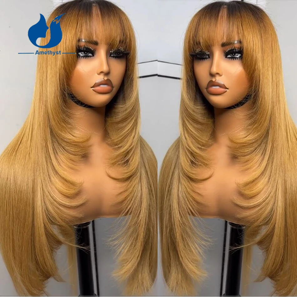 Amethyst Long Layered Cut 3/27 Blonde Human Hair Wig with Bangs Full Machine Wig Dark Root For Women Scalp Top Remy Brazilian