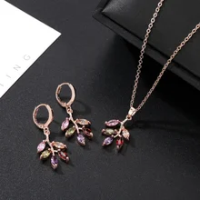  Creative Colorful Zircon Leaf Jewelry Set for Women's Wedding Engagement Earrings Necklace Charm Women's Temperament Jewelry 