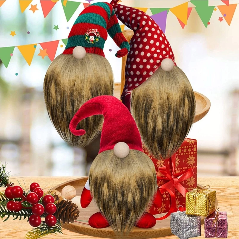 Christmas Gnome Wooden Beads Set Faux Fur Beards Plush DIY Crafts Party Costume Accessories 3pcs