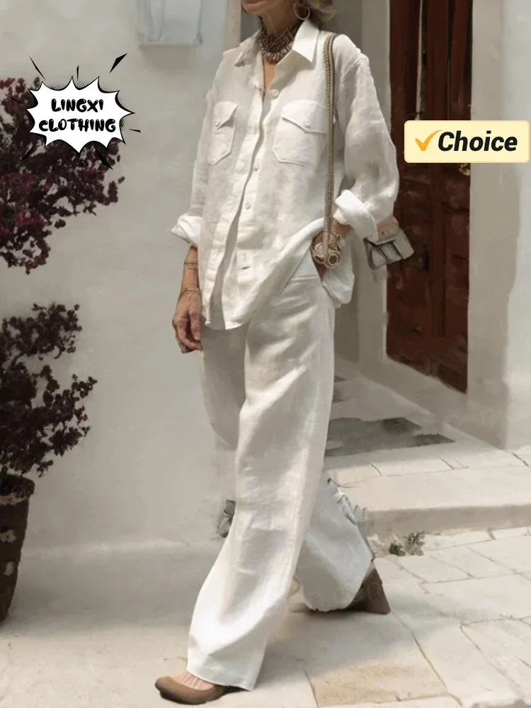 2024 Summer Fashion Women's New Style Matching Series Flip Collar Solid Color Pocket Shirt Wide Leg Pants Two Piece Set