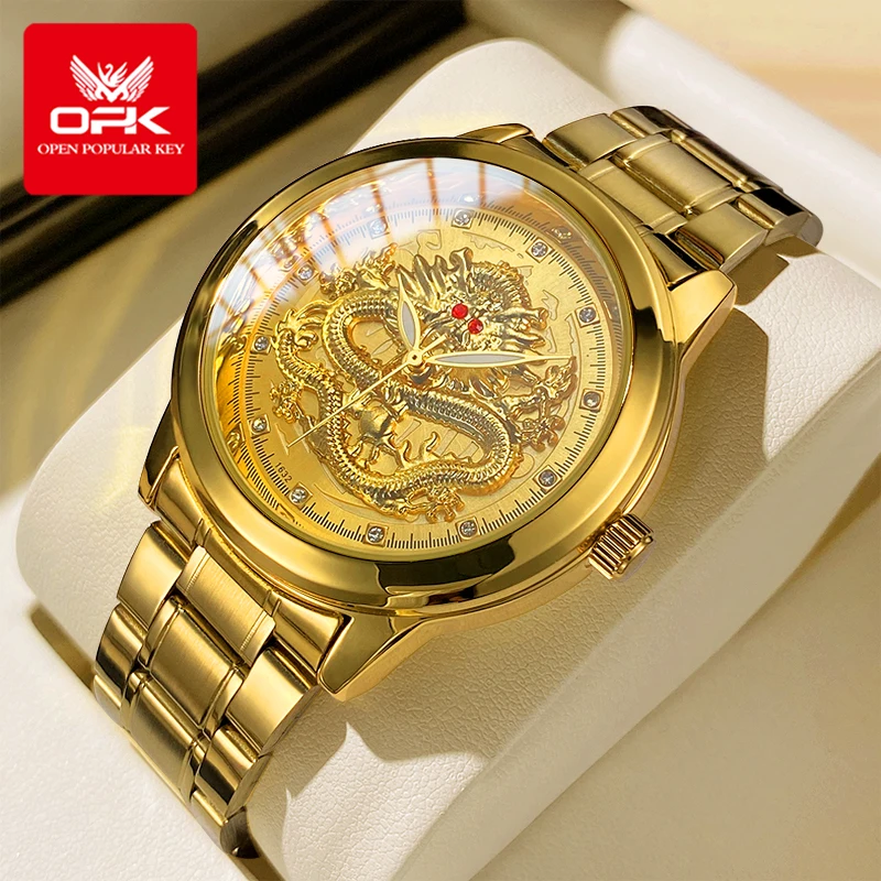 OPK Brand Men's Watches Luxury Gold Waterproof Fashion Luminous Trend Stainless Steel Strap Dragon Quartz Wristwatch Original