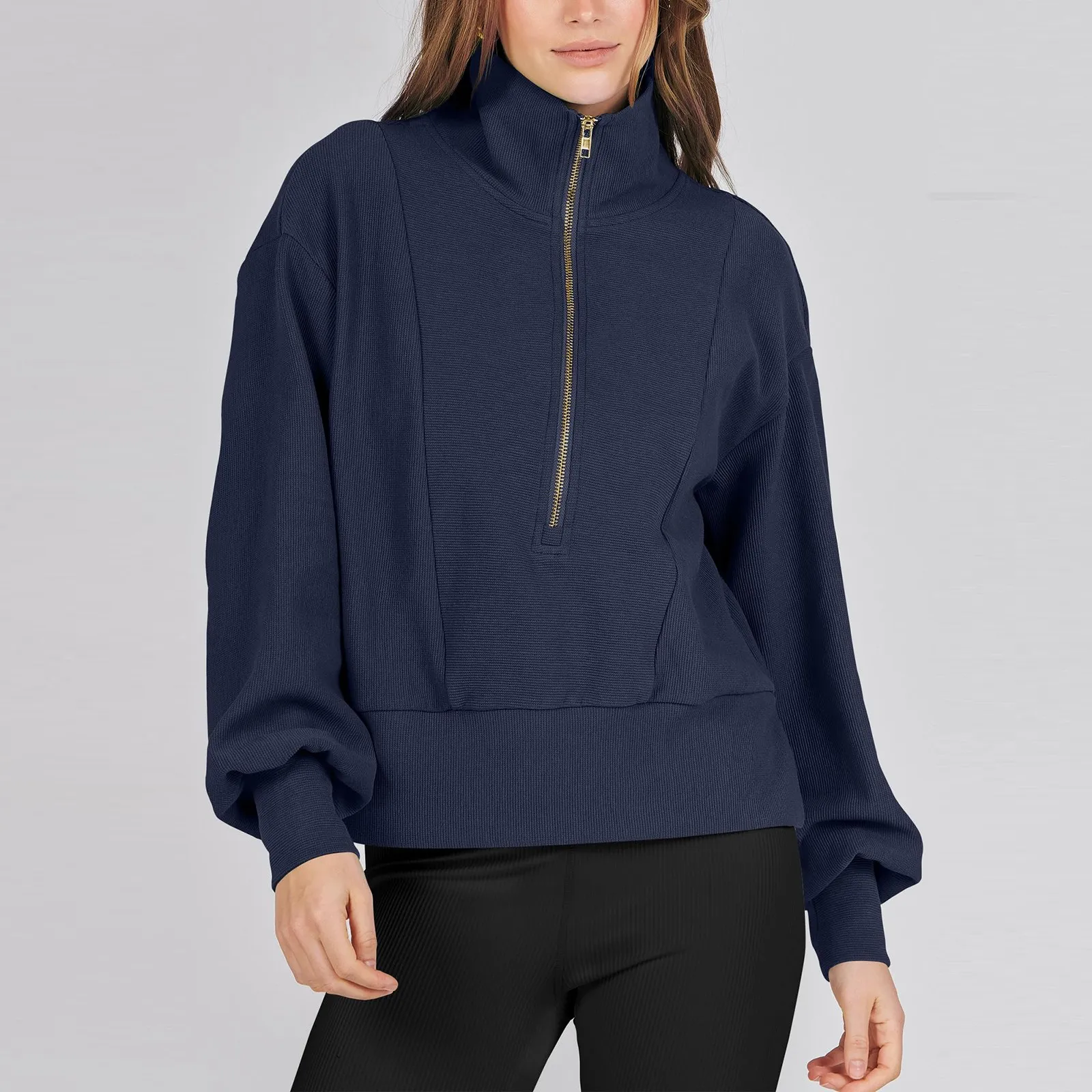 

Half Zip Hoodis Women Cropped Sweatshirt Winter Fall Fleece Quarter Zip Up Rib Hooded Pullover Jacket Female Oversize Sweater