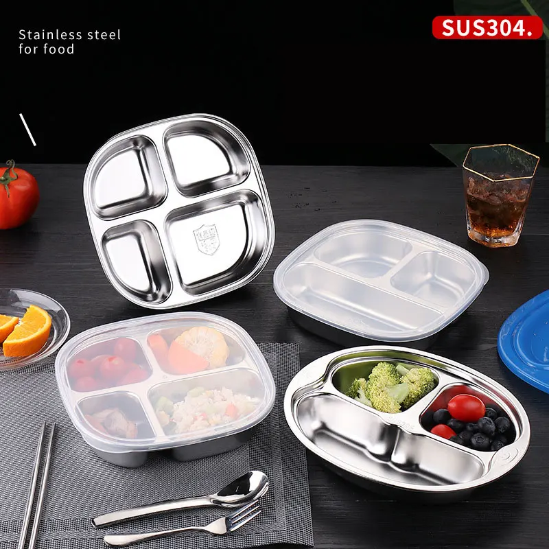 Stainless Steel Divided Grid Dinner Plate, Children's Lunch Box with Lid, School Canteen Dinner Rice Plate, Kitchen Supplies