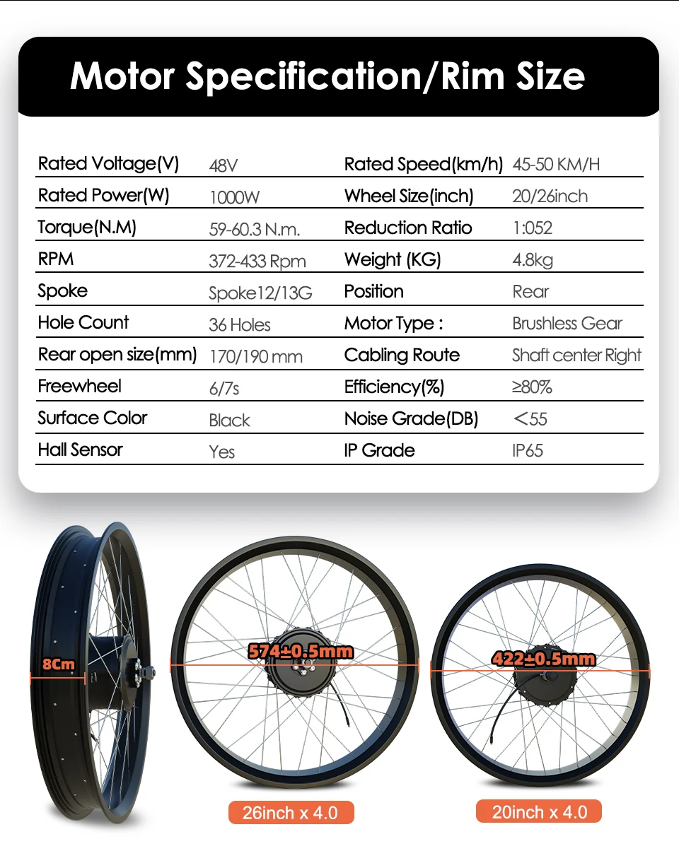 48V 1000W Rear Hub Motor for Fatbike 20 / 26*4.0 Width Snow E-Bike