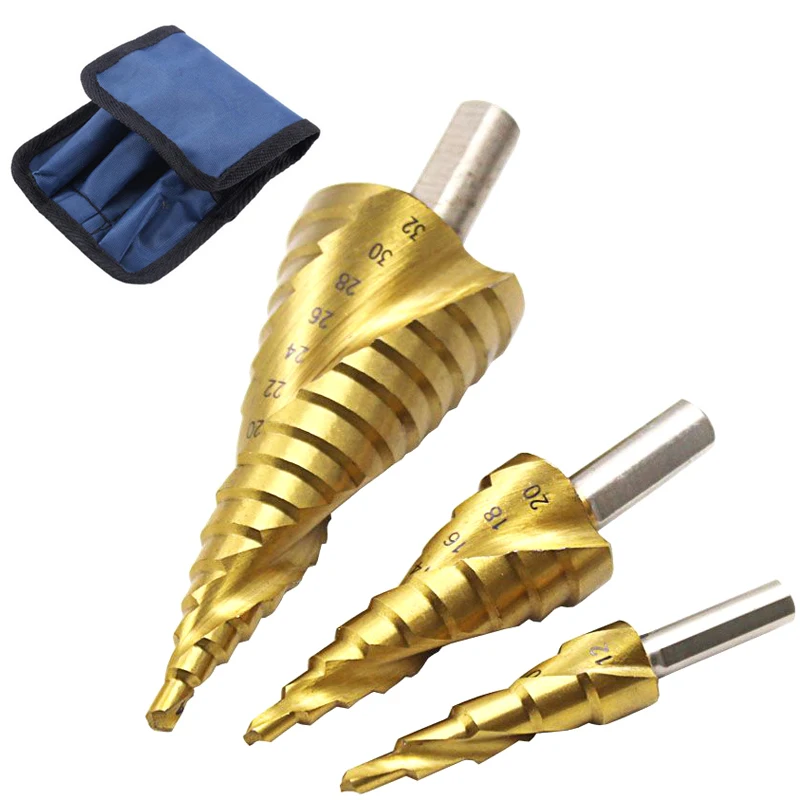 

3pcs/set HSS Titanium Drill Bit 4-12 4-20 4-32mm Drilling Power Tools Metal Spiral High Speed Steel Wood Hole Cutter Cone Drill