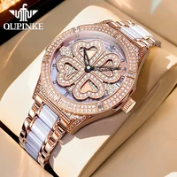 OUPINKE 3279 Women Watch Four Leaf Clover Transparent Dial Ceramic Strip 50m Waterproof Sapphire Mirror Fashion Quartz Watch 1