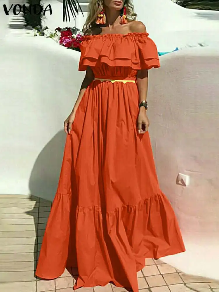 

Plus Size VONDA Summer Dress Bohemian Women Off Shoulder Long Maxi Sundress Short Sleeve Ruffled Robe Party Casual Solid Vestido