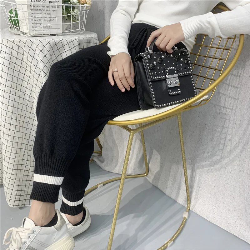 Knitted Pants Women High Waist Ankle-Length Pants Ladies Office Stretch Baggy Pantalones Autumn Winter Lace Up Casual Trousers