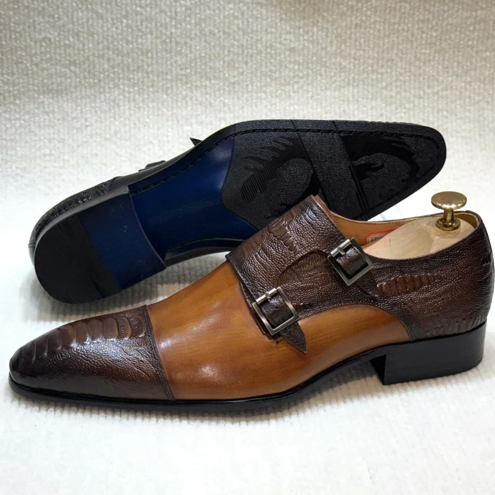 Men's Handmade Monk Shoes Double Buckle Genuine Cow Leather Wedding Business Formal Footwear