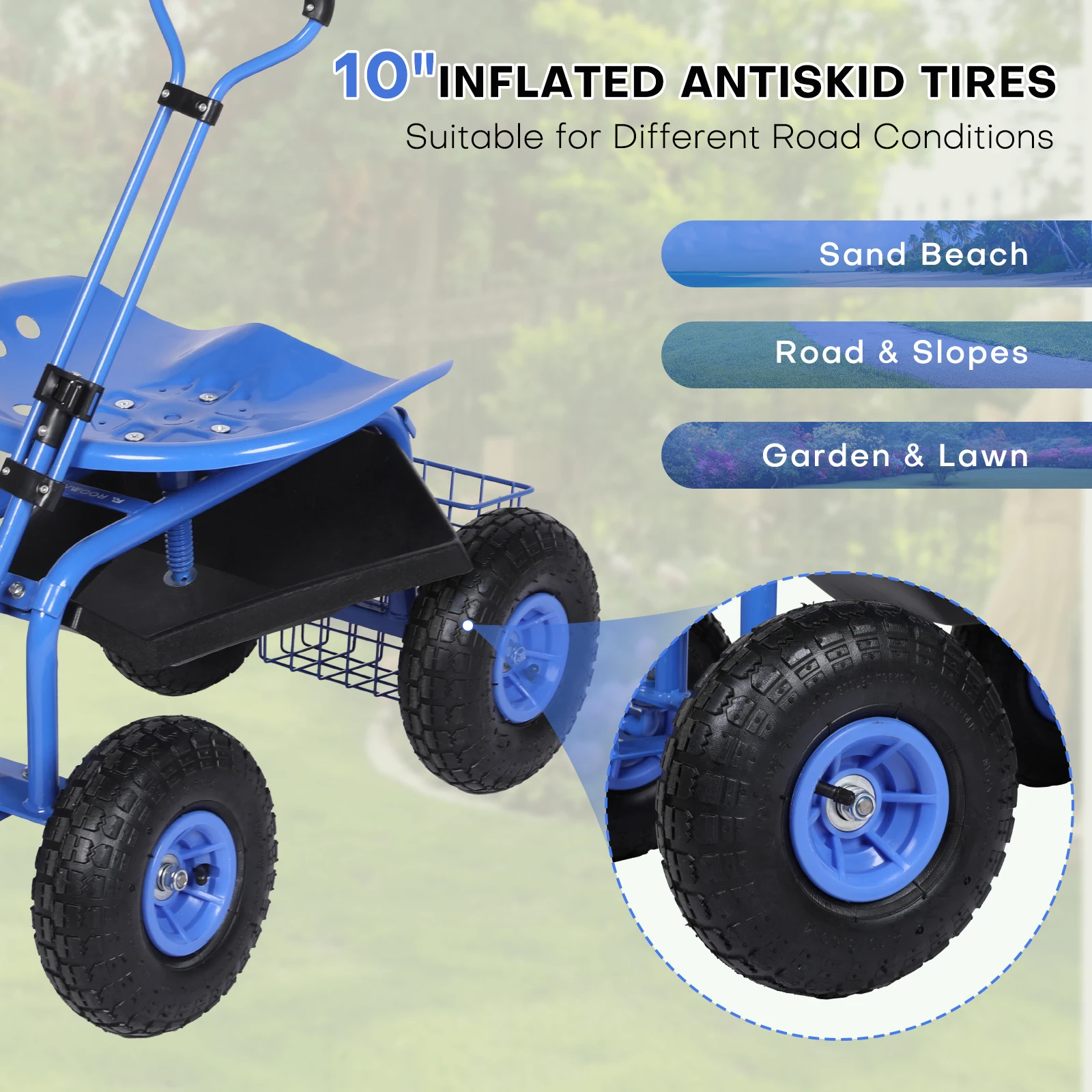 Roomark Rolling Garden Work Seat Wheels Garden Planting Stool 360&deg; Swivel Seat Scooter Steering Handle Tool Tray