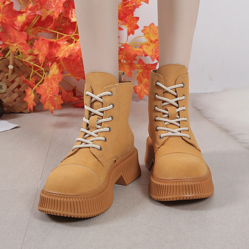 

Женские ботильоны на платформе, универсальные современные ботинки со шнуровкой и круглым носком, обувь на каблуке, 2023