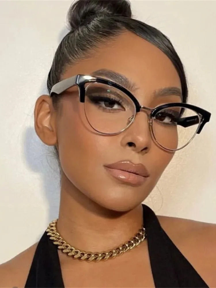 2023 Moda Kocie Oko Zwykłe Okulary Dla Kobiet Pc Oprawki Okulary Na Imprezę Okulary Metalowe Półoprawki Okulary Okulary Przezroczyste