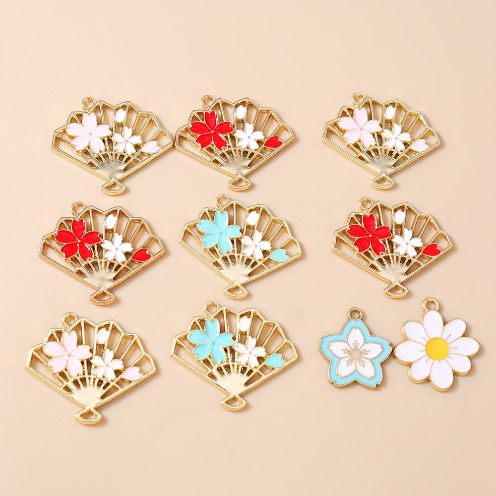 Leslie 10 Stück wunderschöne Sakura-Blumen-Fächeranhänger für DIY-Schmuckherstellung, handgefertigte niedliche Ohrringe, Halsketten, Accessoires