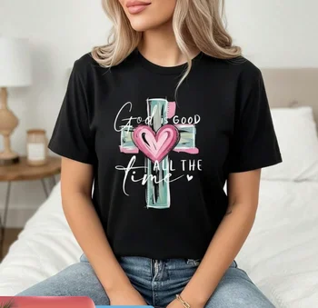 Women's Cotton Christian Graphic T-Shirt God Is Good All Time Cross Short Sleeve Tee Casual Loose Fit Top Faith Inspired Appar 1
