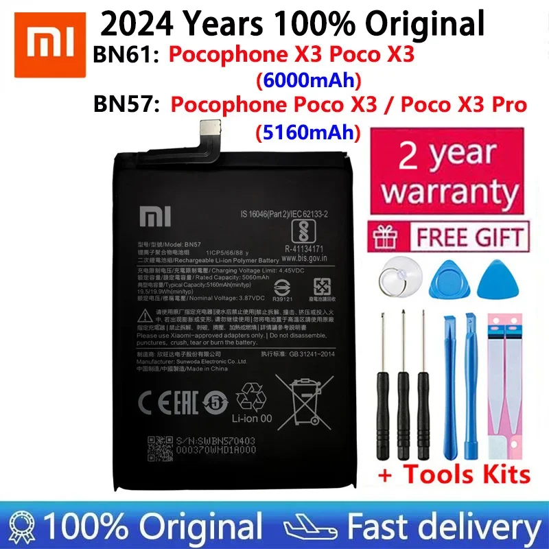 

2024 года, 100% оригинальный сменный аккумулятор для телефона Xiao mi BN57 BN61 6000 мАч, батареи для Xiaomi Pocophone X3 Poco X3 Pro