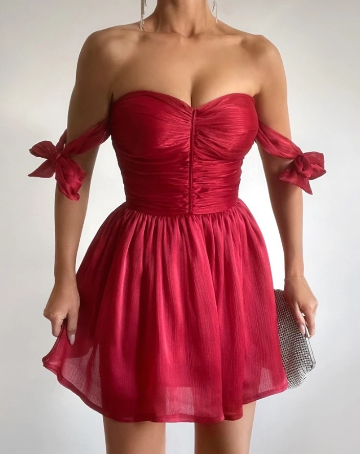 

Dresses for Women Fashion Bowknot Decor Ruched Off The Shoulder Short Sleeve Sexy Party Temperament Mini Dress 2024 Spring
