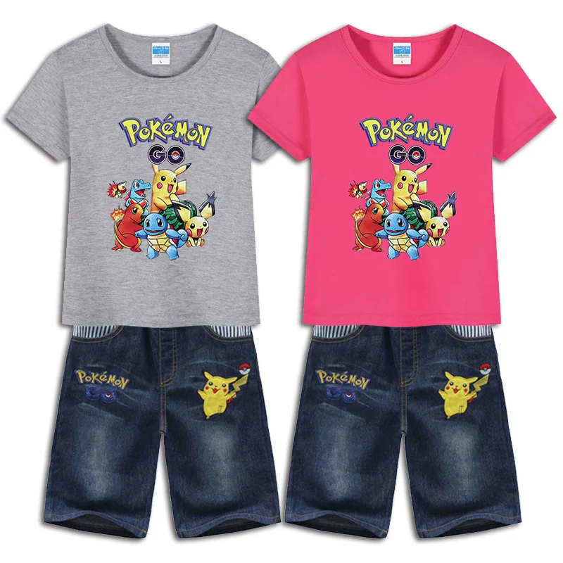 

Pikachu Animation Peripheral Children's Clothing for Boys and Girls Cartoon Printed T-shirt Short-sleeved Top + Denim Pants Suit