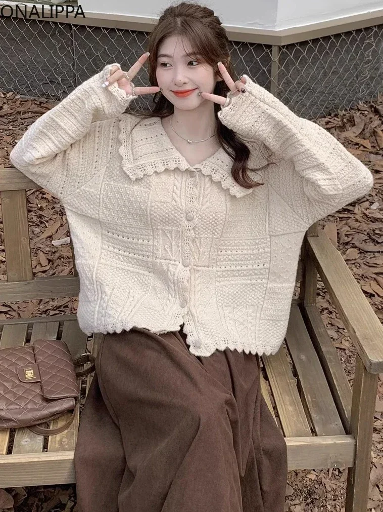 Onalippa 여성용 부드러운 바람 솔리드 니트 가디건, 피터팬 칼라, 싱글 브레스트 가디건, 한국 패션, 시크한 디자인 스웨터