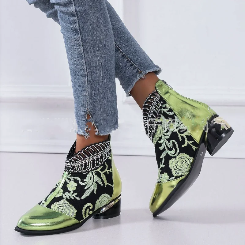 

Женские ботильоны 2023, женские ботинки, зимние современные ботинки, женская обувь на молнии с кристальной вышивкой, женская обувь с острым носком