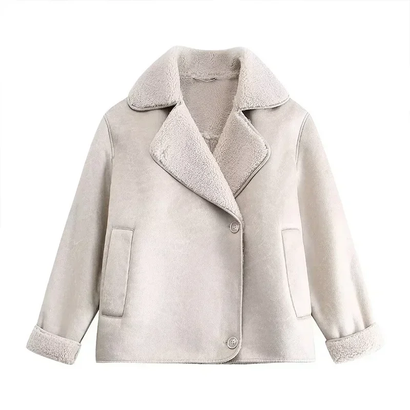 Vintage Women's Leather Jacket Loose Thick Warm Lapel Single Breasted Long Sleeve Fleece Jacket Fall Winter Street Outwear