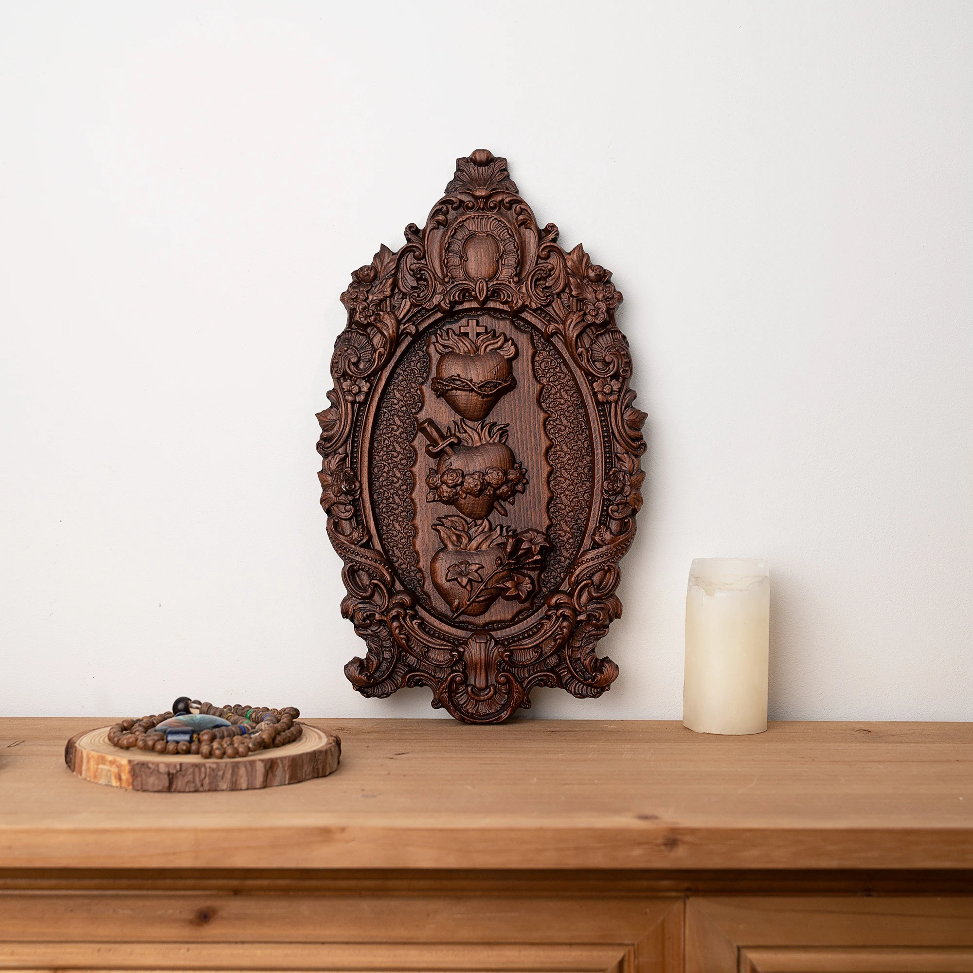 Christian Statue Home Decor Items Holy Family Three Sacred Hearts Christian Wall Art Catholic Statue Ornament Wooden Christmas Decoration Gift