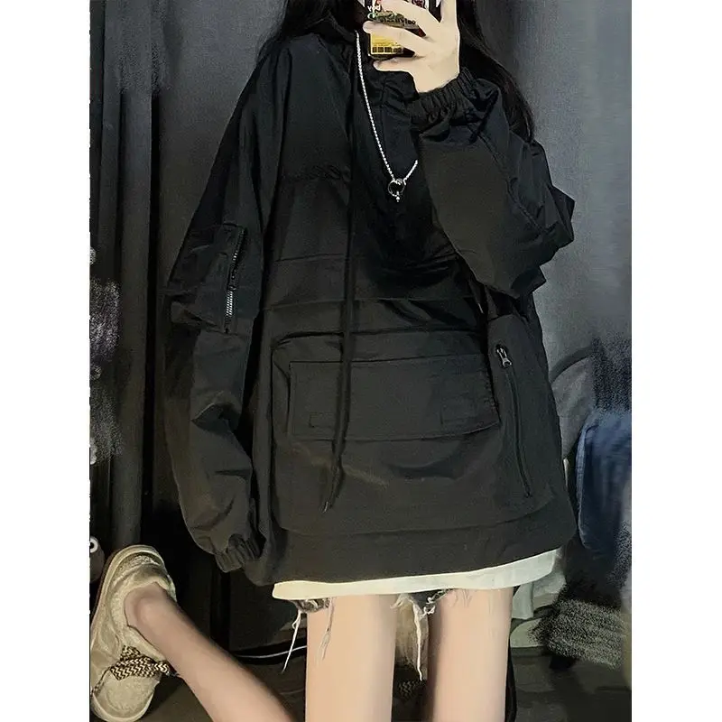 

Deeptown Vintage Black Anorak Jacket Women Windbreaker Oversize Y2k Streetwear Harajuku Techwear Hooded Sweatshirts Couple Tops