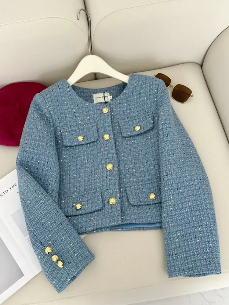 

Runway Fall French High End Women's Glod Button Luxury Fashion Tweed Woolen Small Fragrance Coat Chic Jacket Casaco Outwear