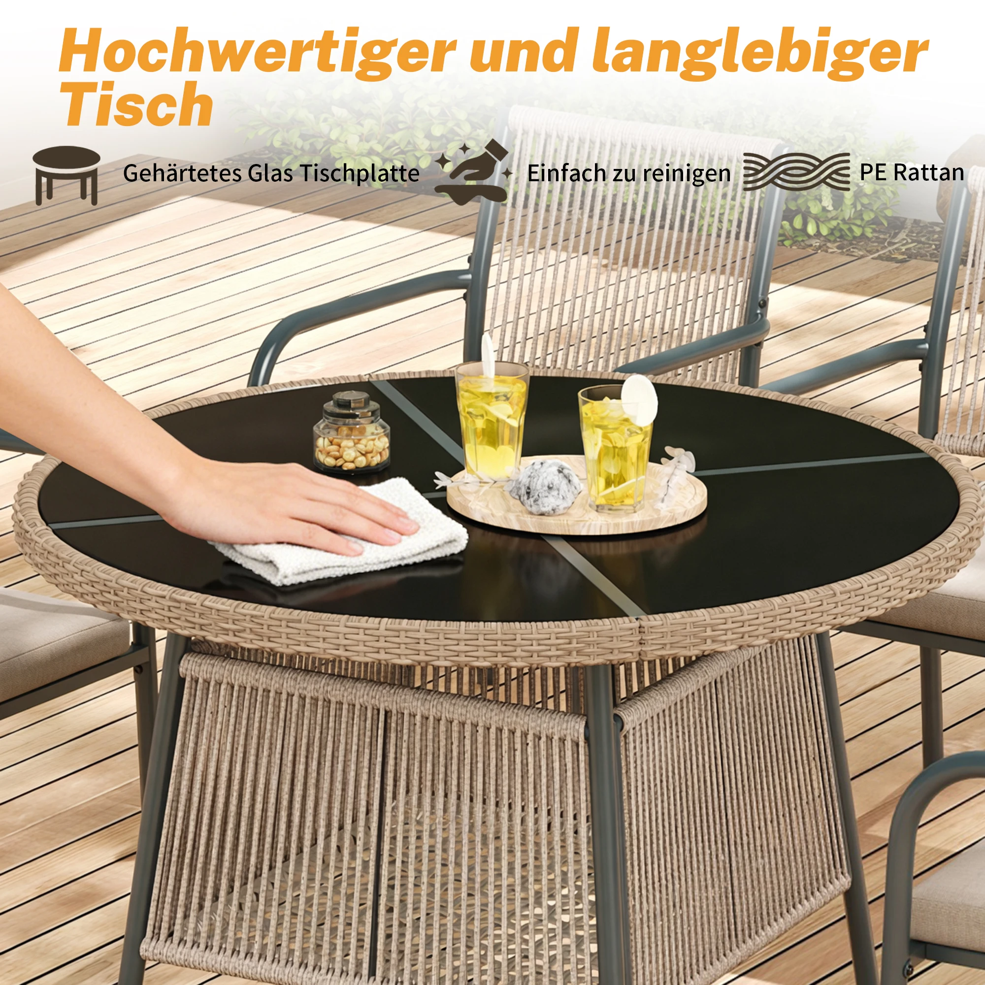 Modernes Rattan-Gartenmöbel-Set, runder Glastisch + 4 Sessel, Eisenrahmen, geeignet für Terrasse/Balkon/Deck – Detail 15