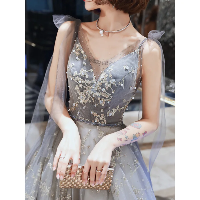 S2361af83fcf941cfa5346287f901622c0 V-neck Lace-up Elegant Sequined Wedding Party Dresses Fairy Slim Waist Mesh Tiered Prom Dress Elegant Temperament Evening Robe Mallzona