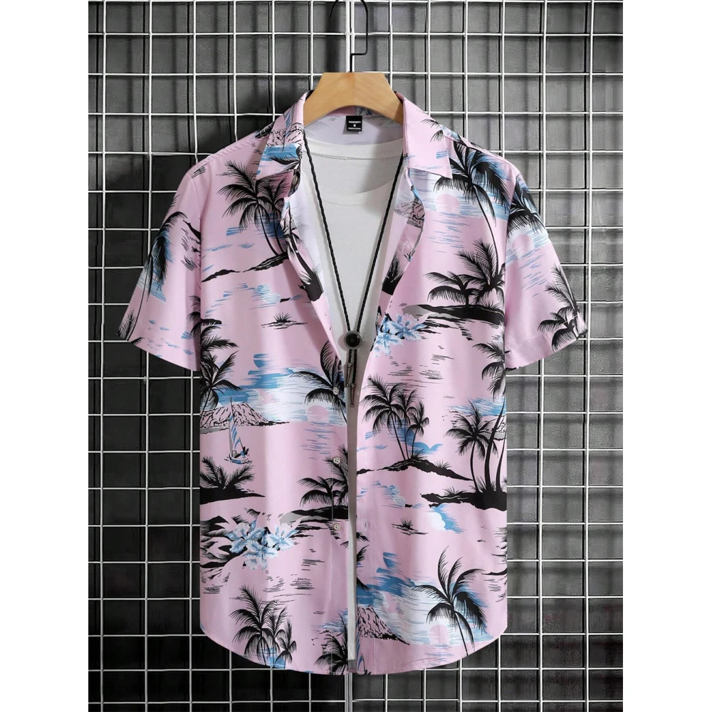 Casual Short Sleeved Shirt Short Sleeved Shirt Button Down Shirt Men's Coconut Tree Graphic Print Short Sleeve Lapel Shirt Tops Men's Casual Button down Shirts Clothing Versatile