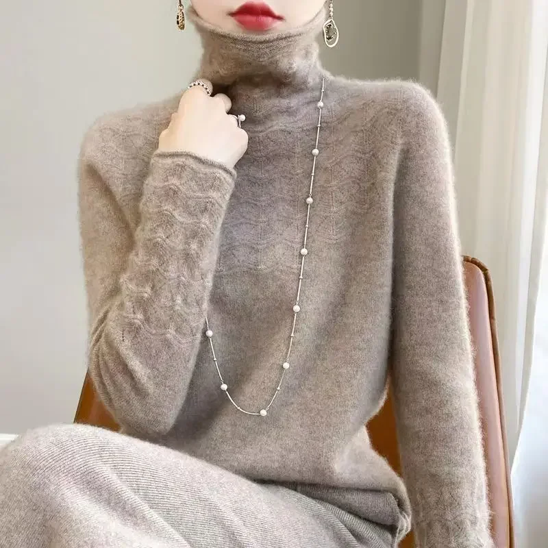 

100% Merino Wool Pullover Winter High Neck Solid Long Sleeve Fashion Cashmere Jumper Women's Seamless Hollow out Knitted Sweater