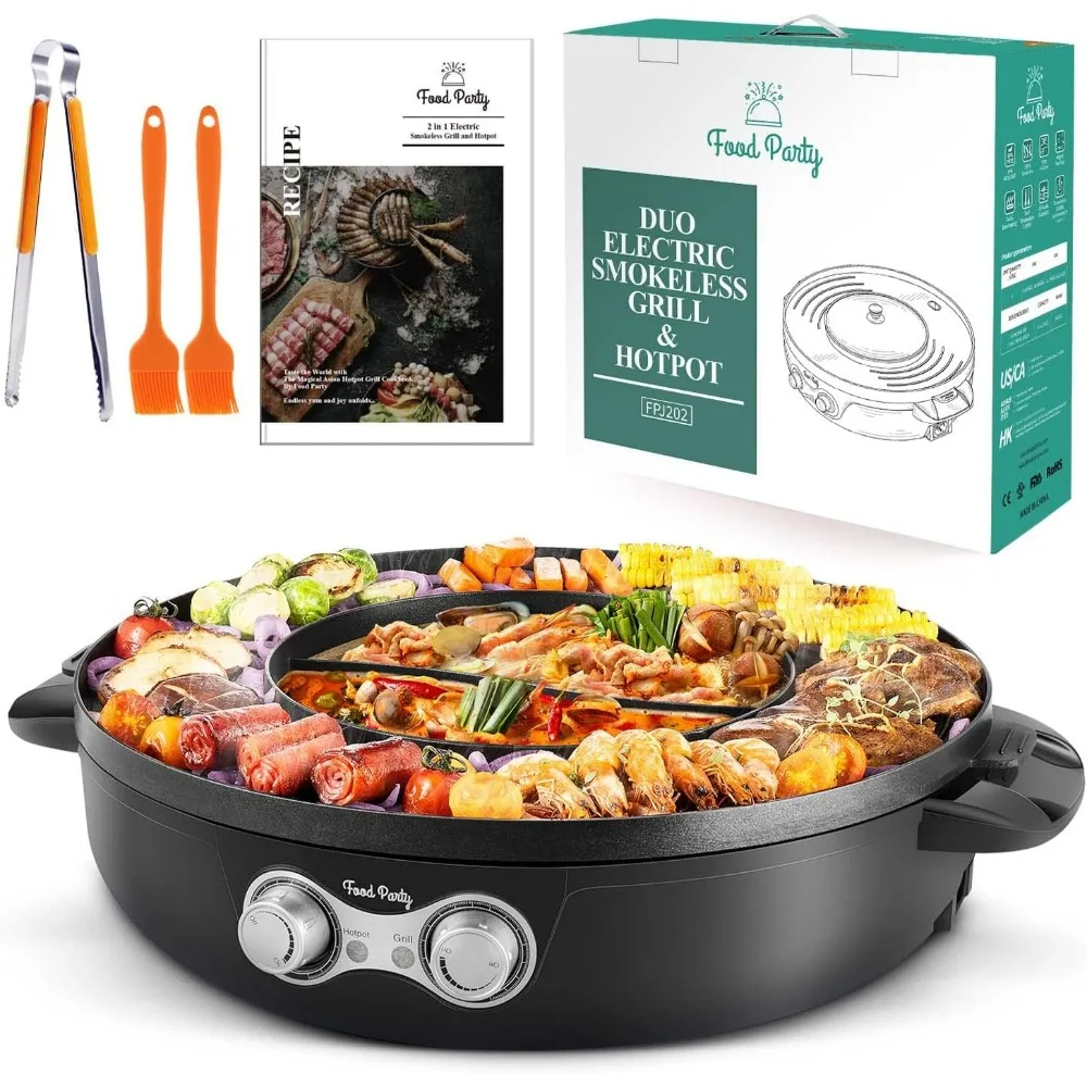 Electric Smokeless Grill and Hot Pot, With Separable Cooking Plate, Deluxe Combo of 1 Recipe Book, 1 Tong, Oil Brush