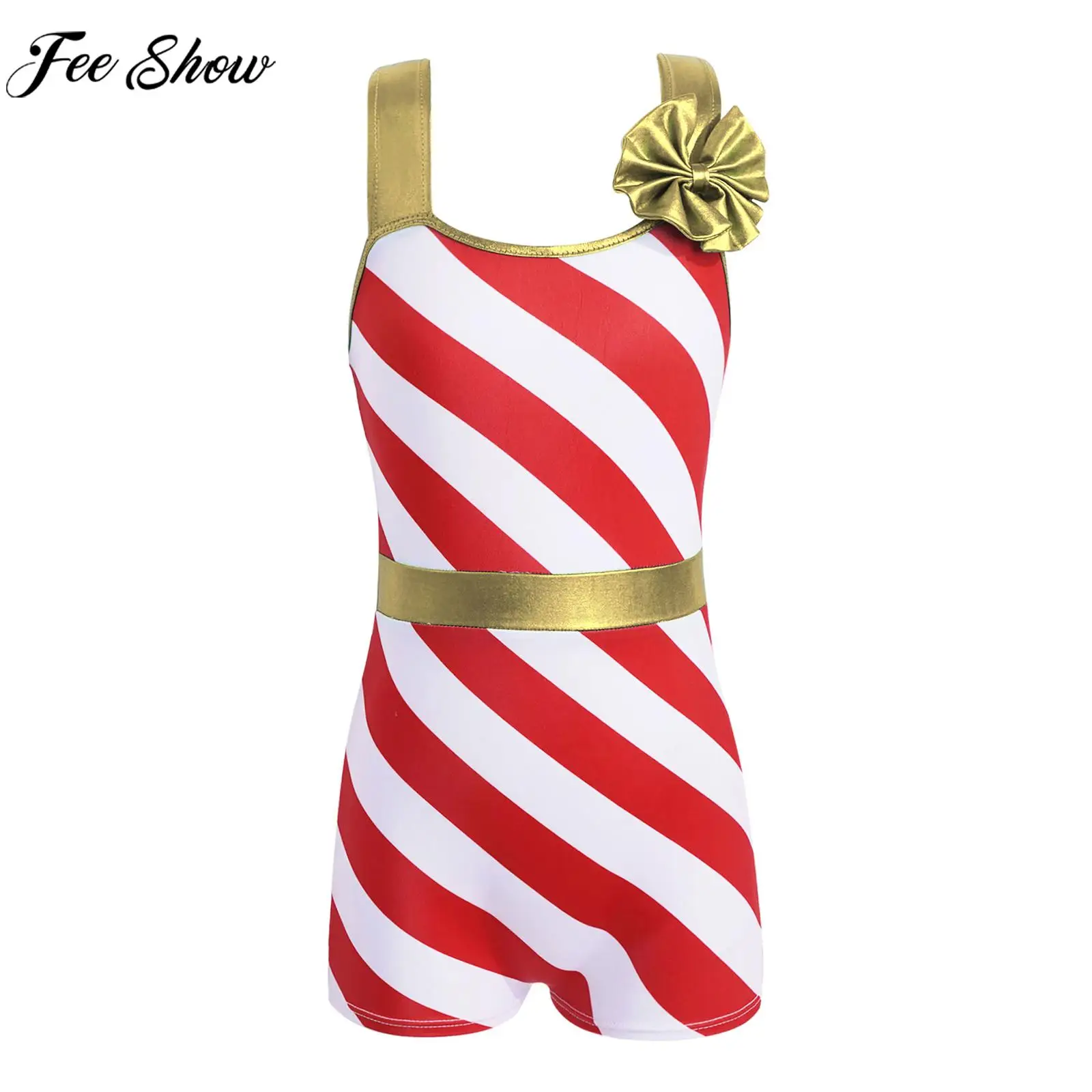 

4-14Y Girls Christmas Xmas New Year Party Dress Up Costume Ballet Dance Gymnastics Skating Leotard Sleeveless Stripe Jumpsuit