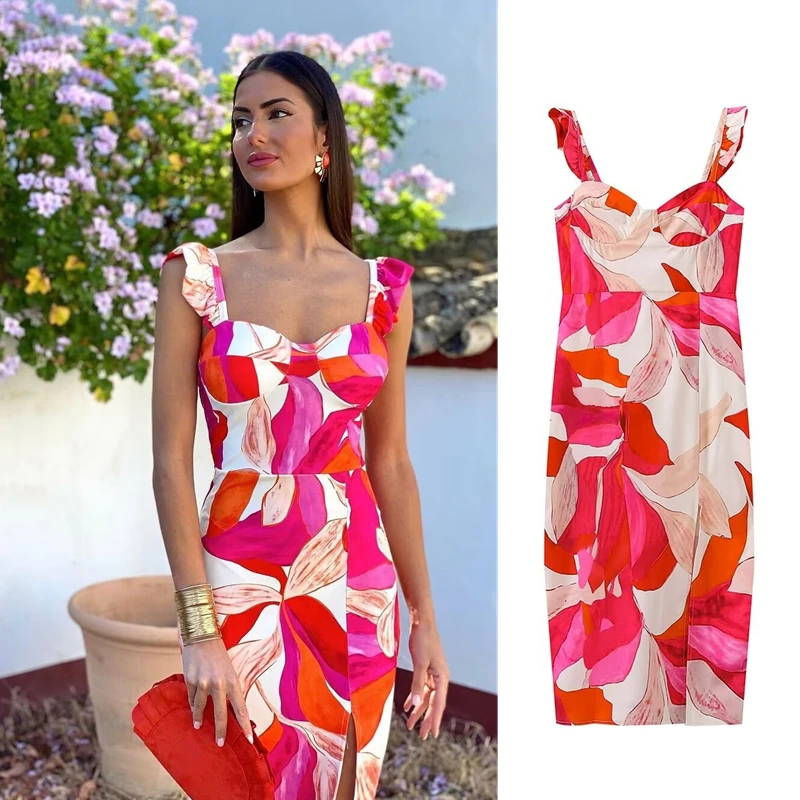 

Taop&Za Women's 2024 Summer New Ruili Sweet Square Neck Sleeveless Slit Design Slim Flower Printed Suspender Dress