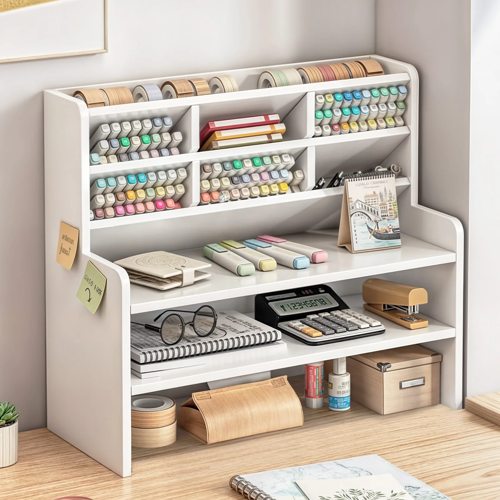 Bookshelf Creative Desktop Small Bookshelf Bookcase Office Multifunction Decorative Stand Multilayers Display Stand,White,50CM