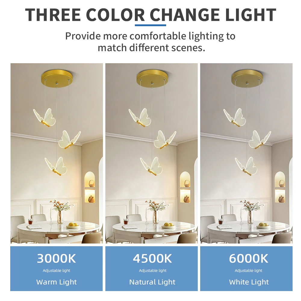 LED 모던 3헤드 나비 펜던트 조명, 3색 조명, 거실, 다이닝룸, 홈 데코레이션, 실내 조명