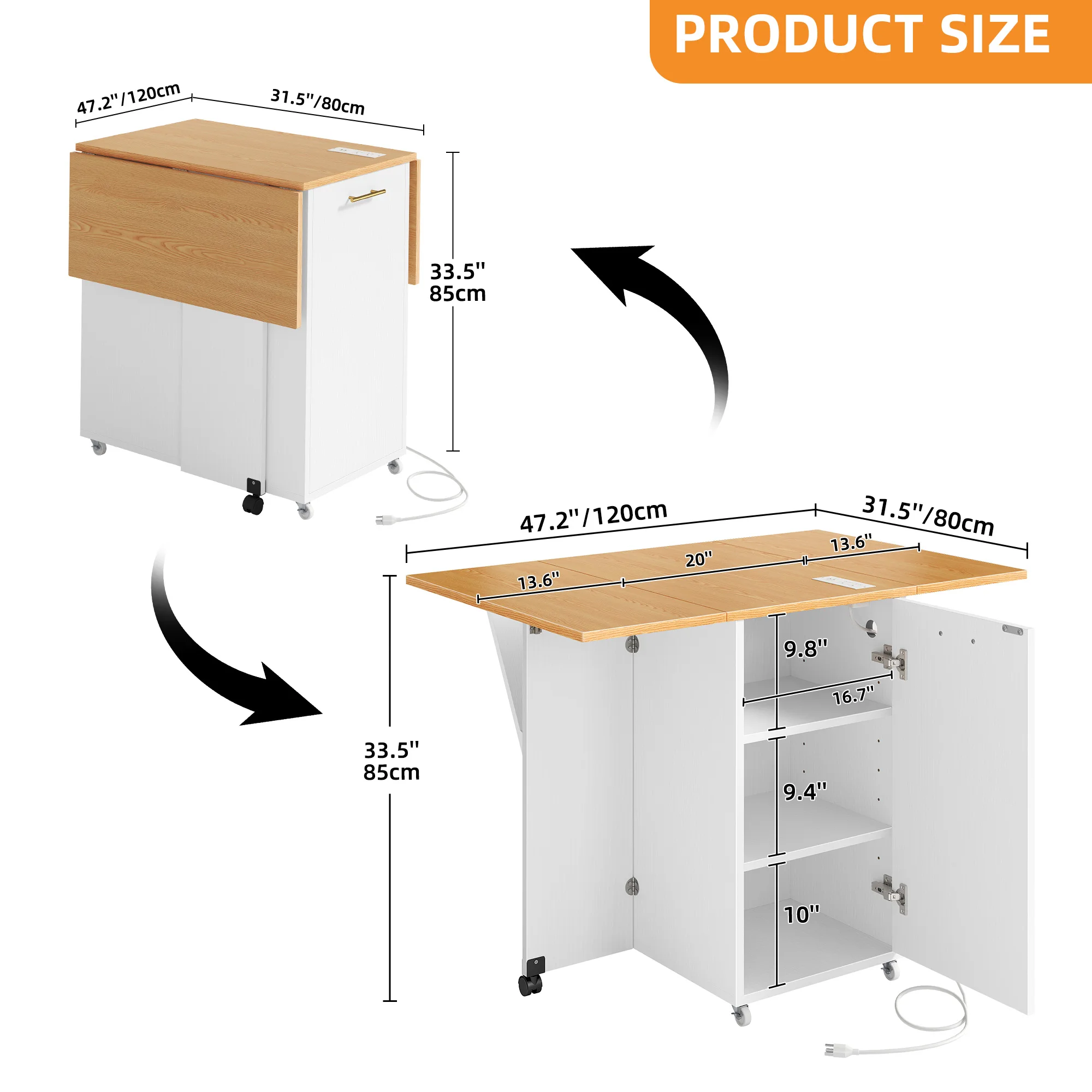 Kitchen Island Cart Rolling Folding Kitchen Cart with Trash Can & Power Outlet